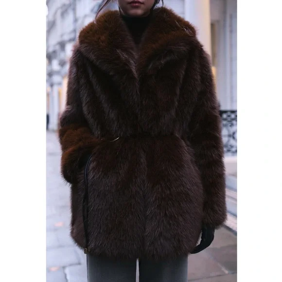 Zara FAUX FUR COAT WITH BELT - Picture 2 of 13